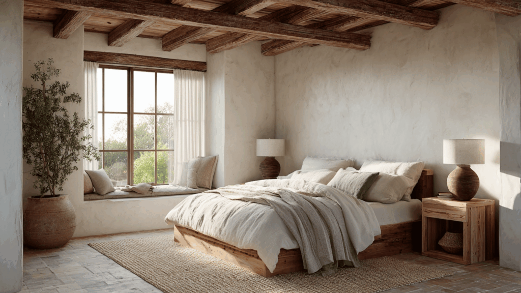 Rustic neutral bedroom with linen bedding and wood accents.