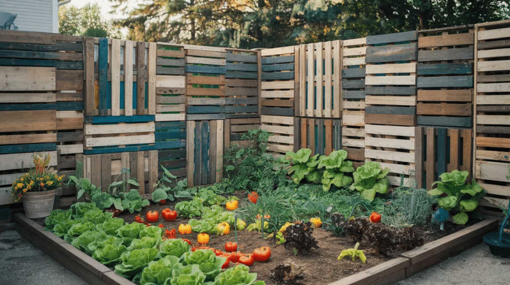 Rustic pallet-style fence made from reclaimed wood materials