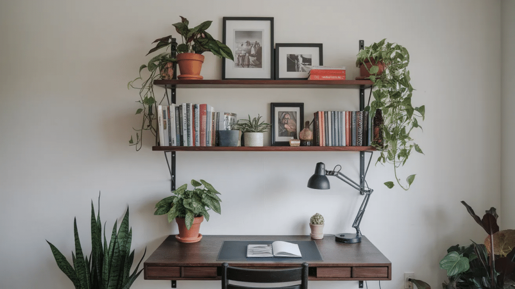 Rustic wood floating shelves with plants, books, and frames mounted on a white wall