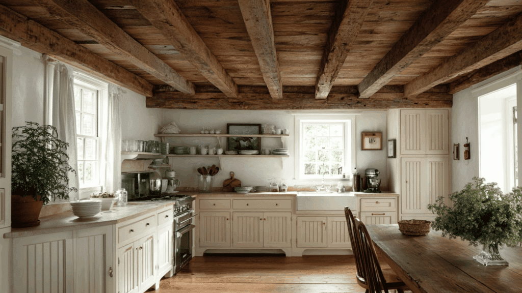 Rustic wooden ceiling beams in an old cottage kitchen