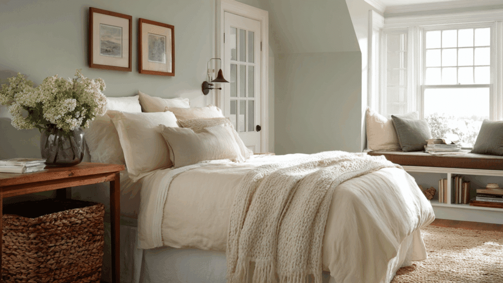 Sage green and cream bedroom with soft natural textures and calm style