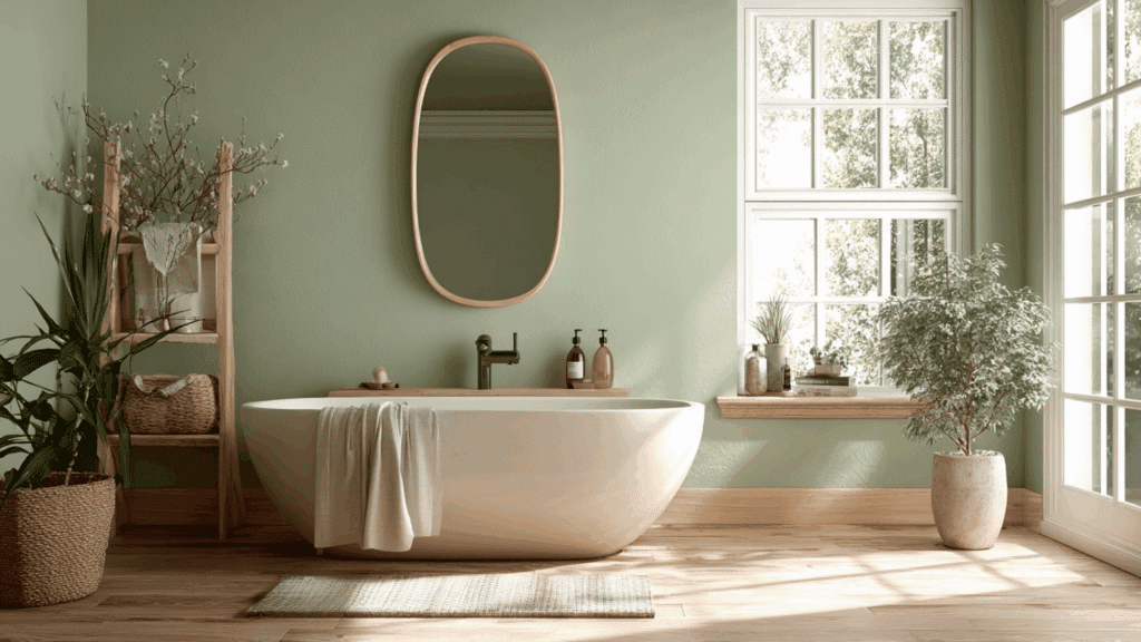 Sage green bathroom paint creating a calm spa-like mood