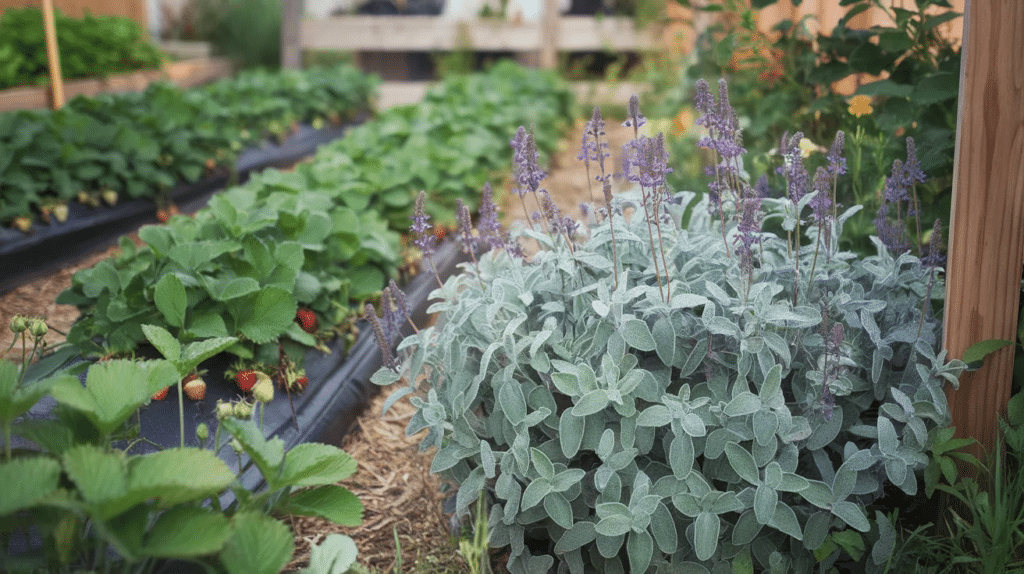 Sage plant growing close to strawberry rows.