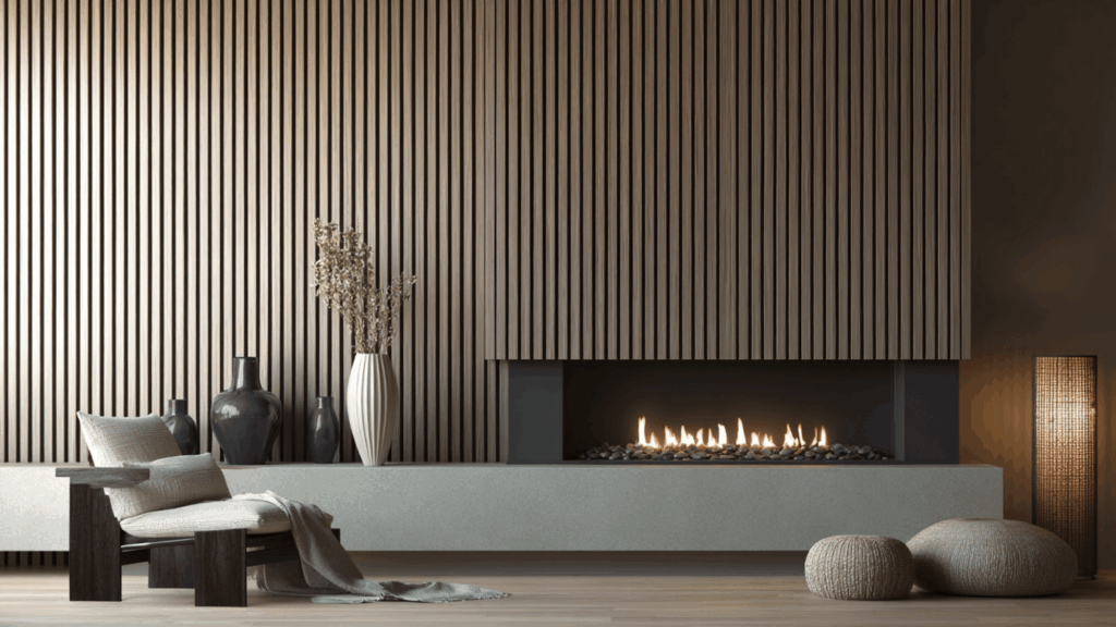 Satin bronze metal slat fireplace wall with modern luxury styling