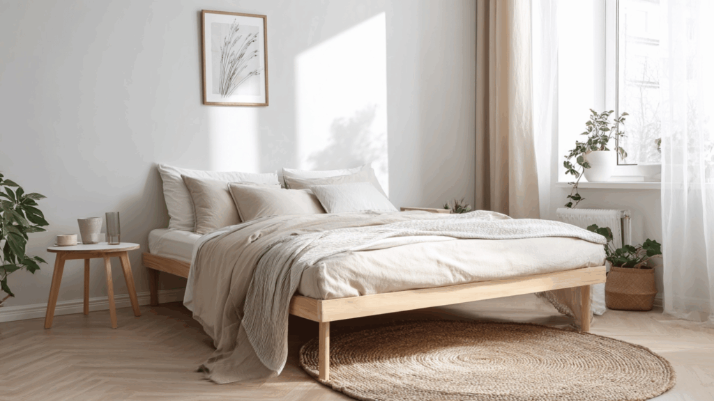 Scandinavian neutral bedroom with light wood and beige tones