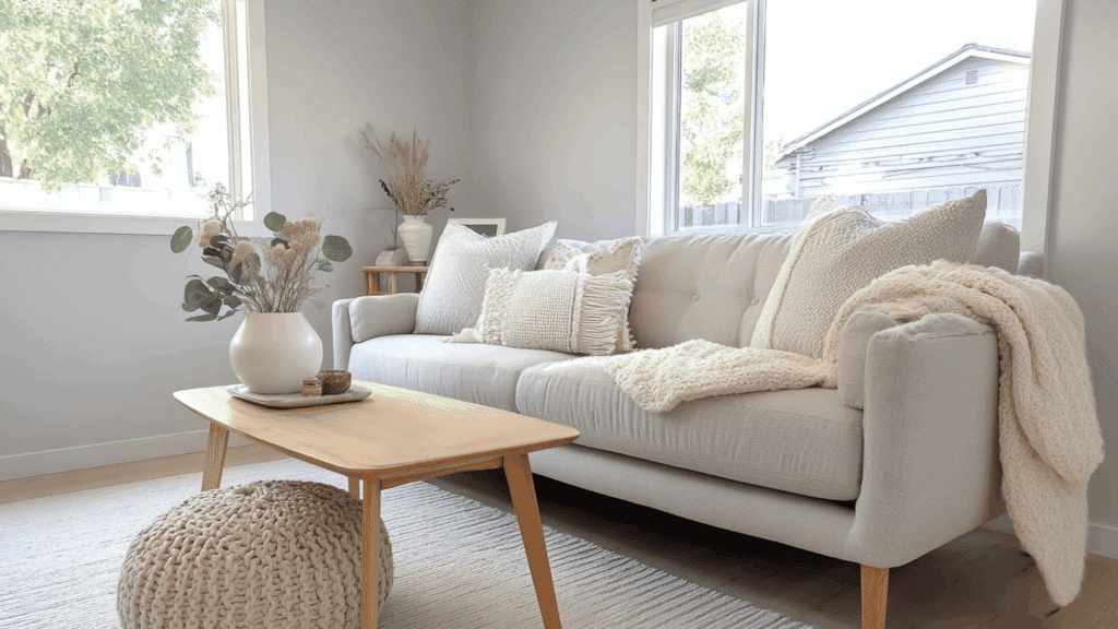 Scandinavian style mid century modern living room with light wood