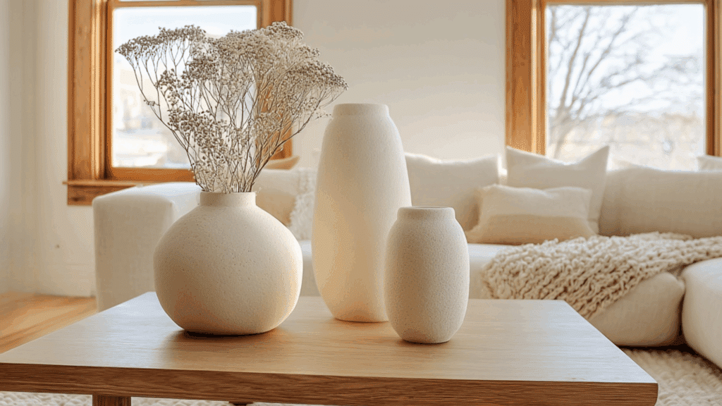 Sculptural ceramic vases adding organic style to a modern neutral living room
