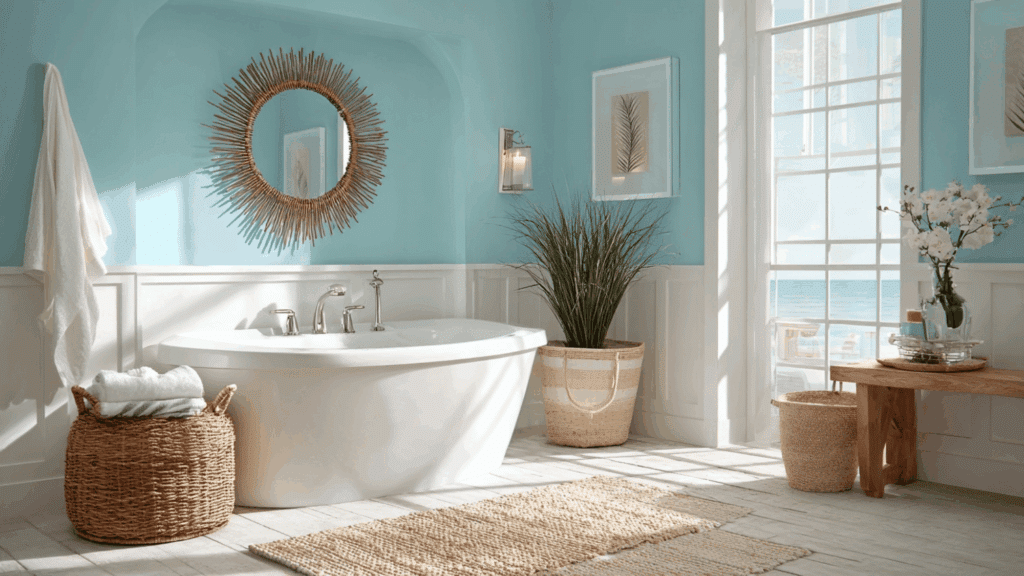 Sea blue bathroom walls creating a calm coastal and refreshing vibe (1)