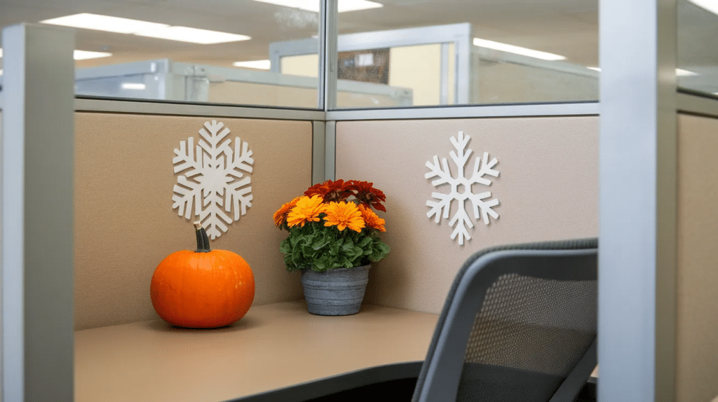 Seasonal cubicle decor with small festive items