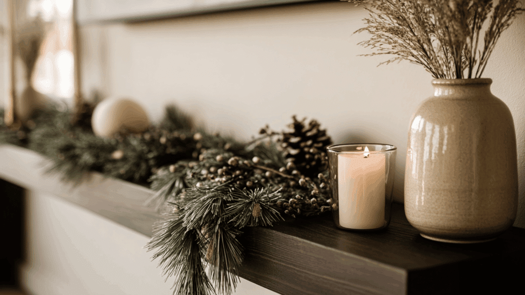 Seasonal garland accent decorating a simple living room TV stand.