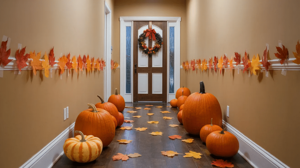 Seasonal hallway decor with holiday touches