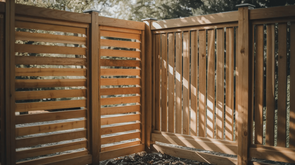 Shadowbox wooden fence with staggered boards for semi-privacy