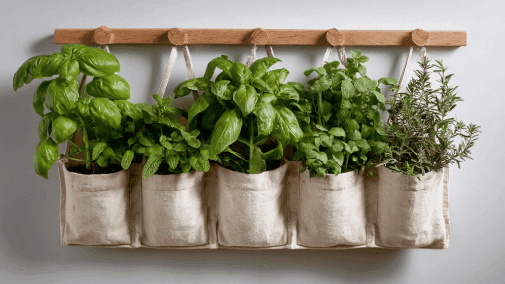 Shoe organizer used as a vertical herb garden indoors