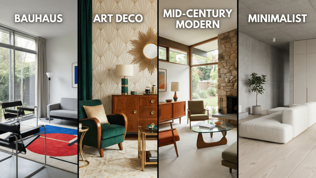 Side-by-side comparison of Bauhaus, Art Deco, Mid-Century Modern, and Minimalist interiors