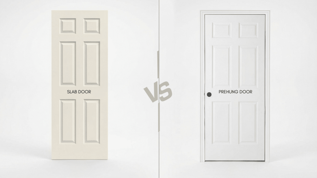 Side-by-side comparison of a slab door panel and a prehung door with frame installed with vs written in the middle