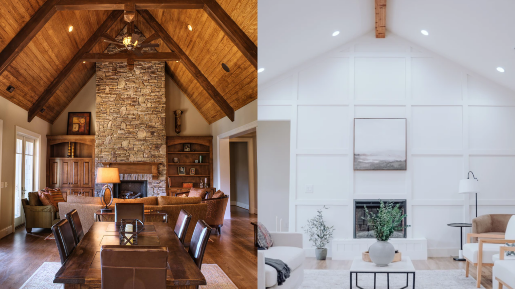 Side by side interior comparison of cathedral ceiling and vaulted ceiling designs