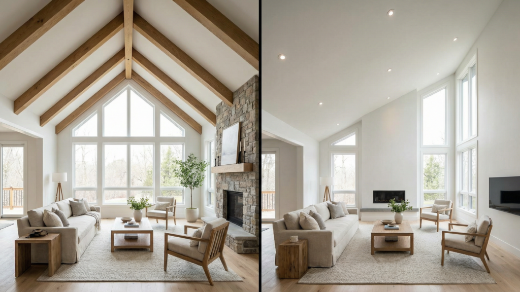 Side by side interior comparison of cathedral ceiling and vaulted ceiling designs in modern homes