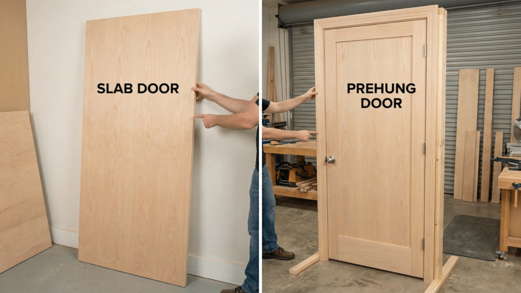 Side-by-side view of a slab door panel and a prehung door with frame installed.