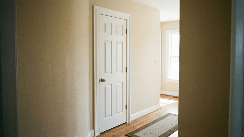Single prehung door installed in a residential hallway.