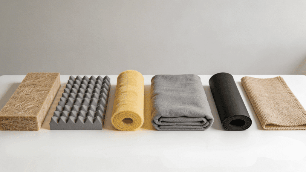 Six soundproofing materials and fabrics are displayed horizontally with labels.