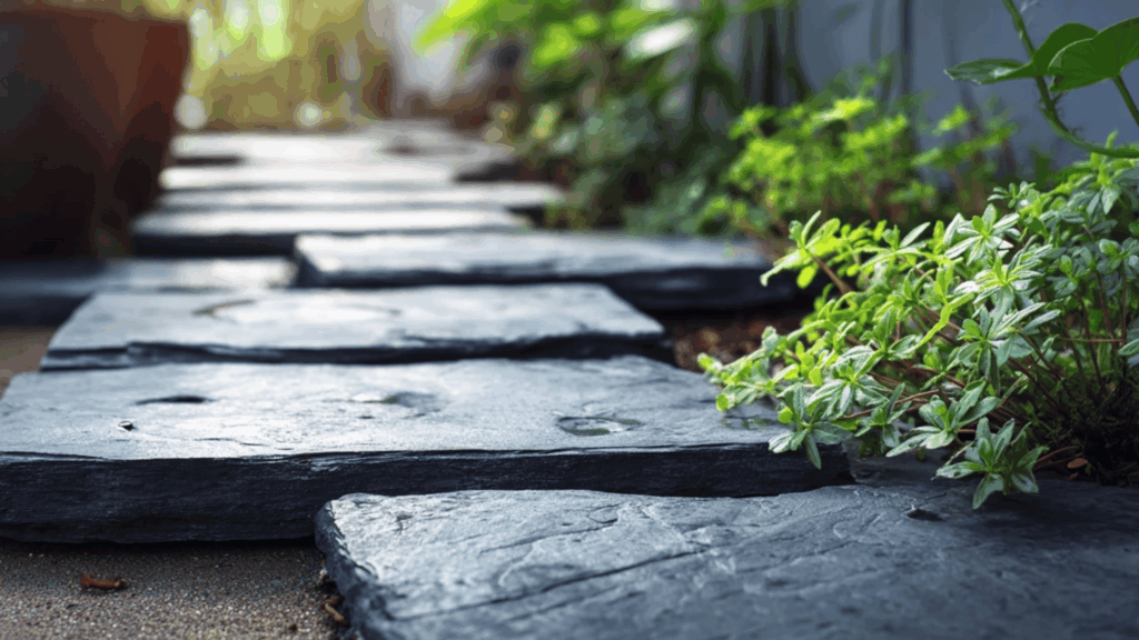 Slate tile accents used for subtle garden edging