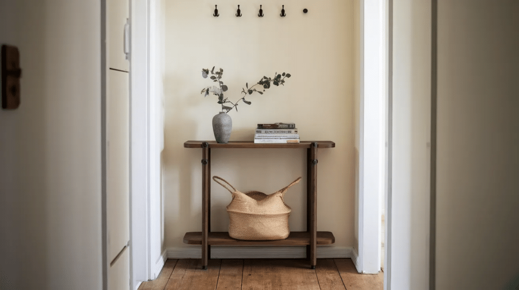 Slim hallway console table with decor