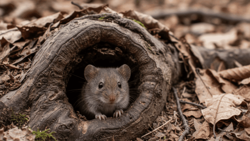 Small brown field mouse peeking out from a hole in a tree root on a forest floor covered in brown autumn leaves.
