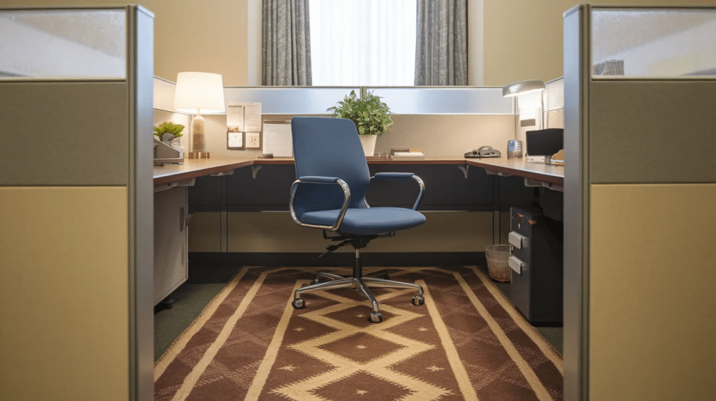 Small decorative rug under a cubicle chair in an office