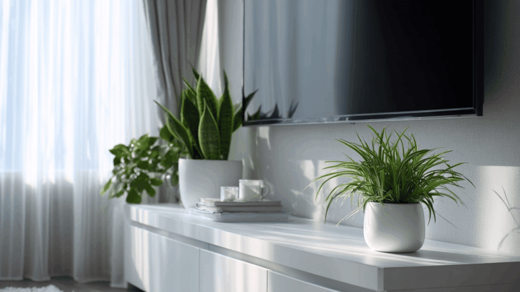 Small green indoor plants in white pots placed on a TV console.