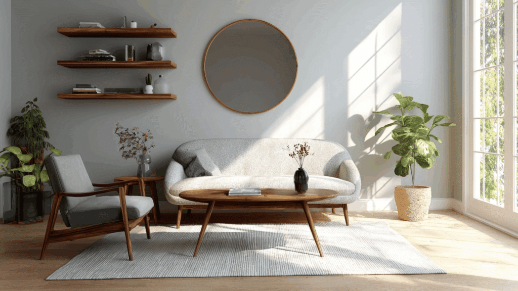 Small mid century modern living room with compact furniture and light decor