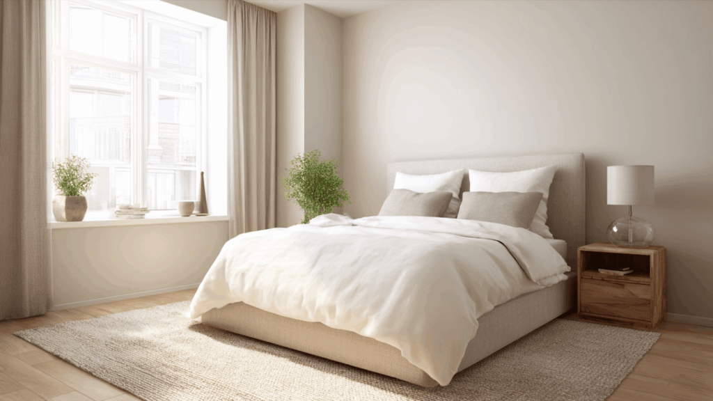 Small neutral bedroom with light walls and cozy simple decor