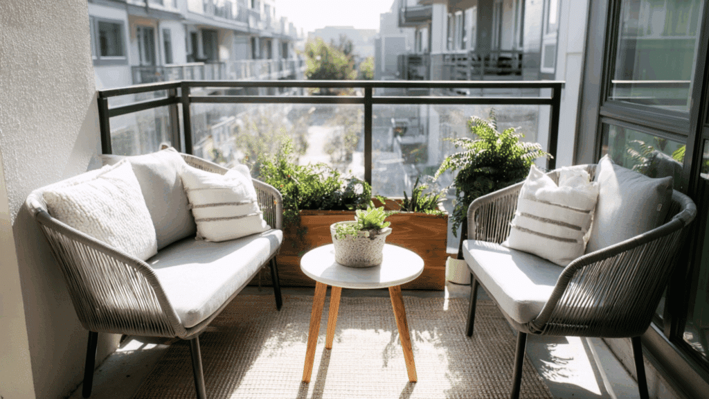 Small patio with compact furniture arranged neatly.