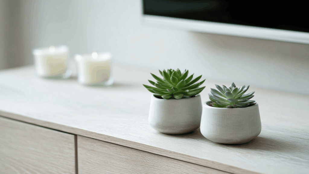 Small succulents in ceramic pots styled on a clean TV console.