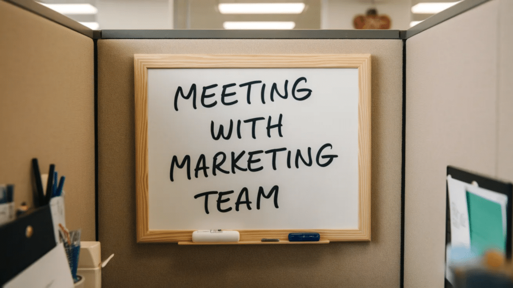 Small whiteboard with reminders in a cubicle