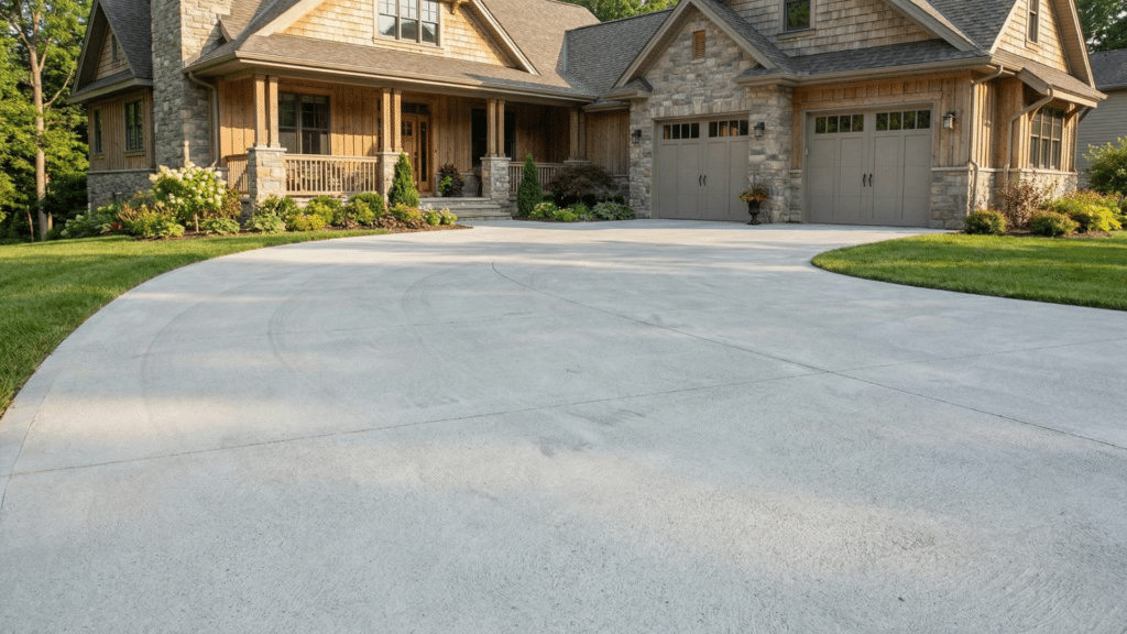 Smooth concrete driveway leading to a family home