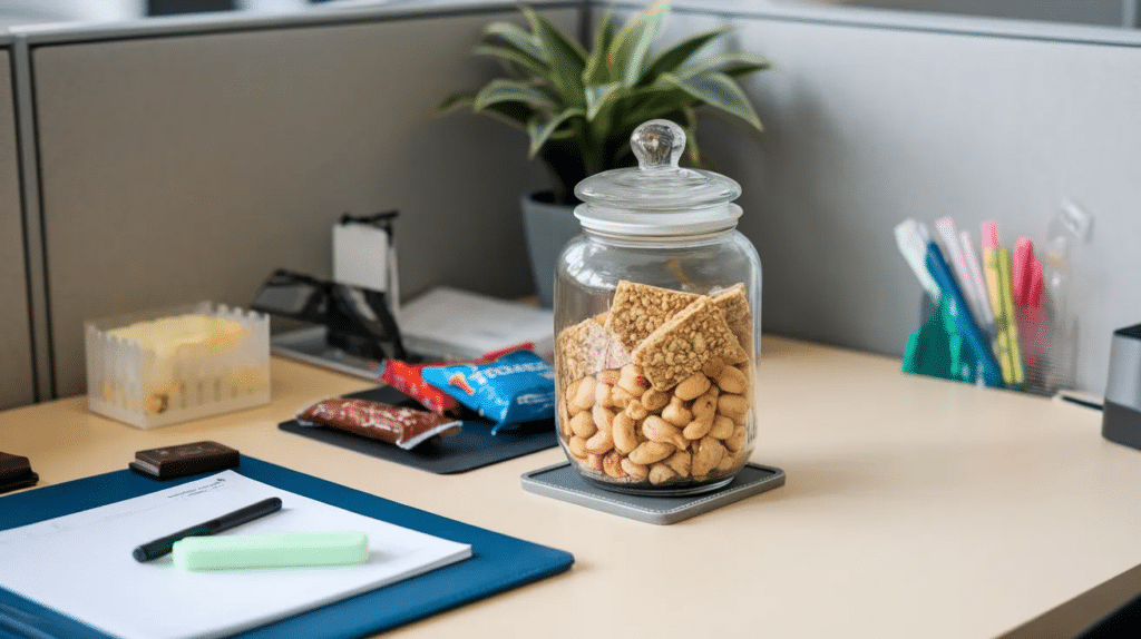 Snack jar with office friendly treats on a cubicle desk