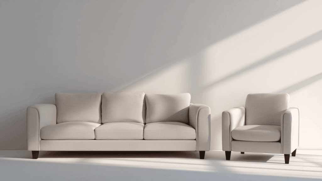 Sofa and loveseat arranged together in a living room seating setup.