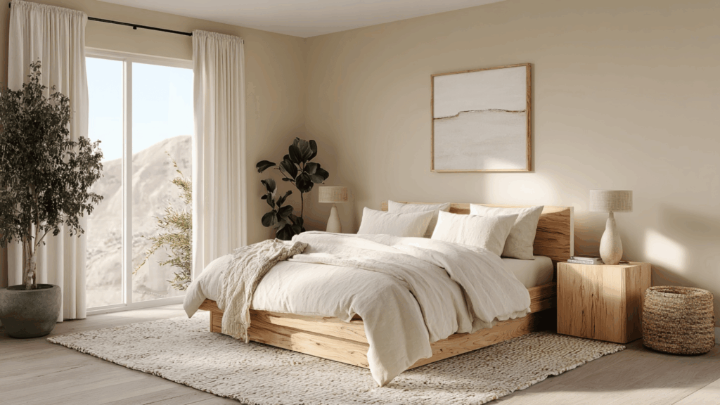 Soft beige and white bedroom with layered bedding and warm natural light