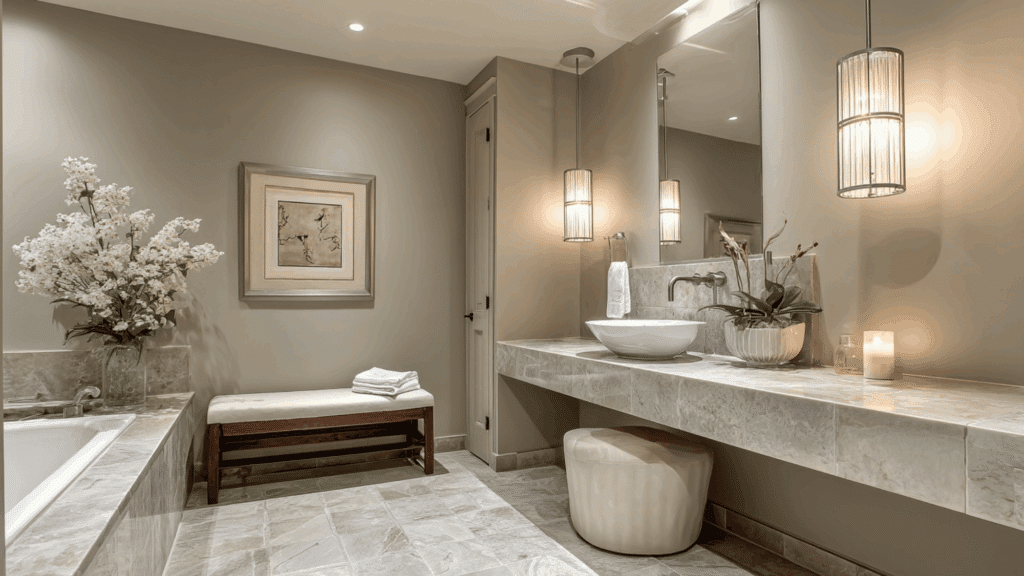 Soft taupe bathroom paint with earthy neutrals and a modern elegant feel