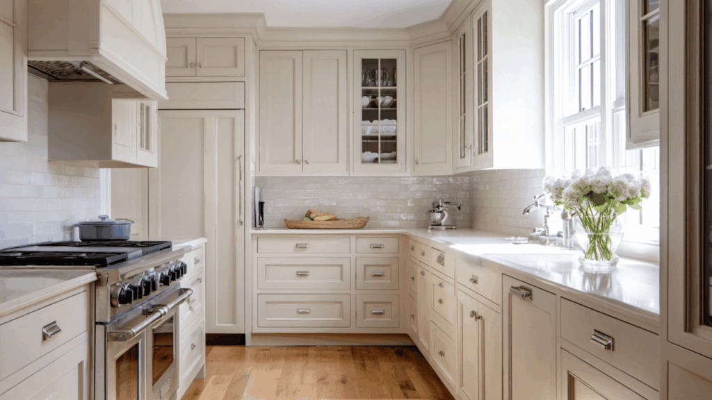 Soft white cabinetry in a cozy cottage kitchen with warm wood accents