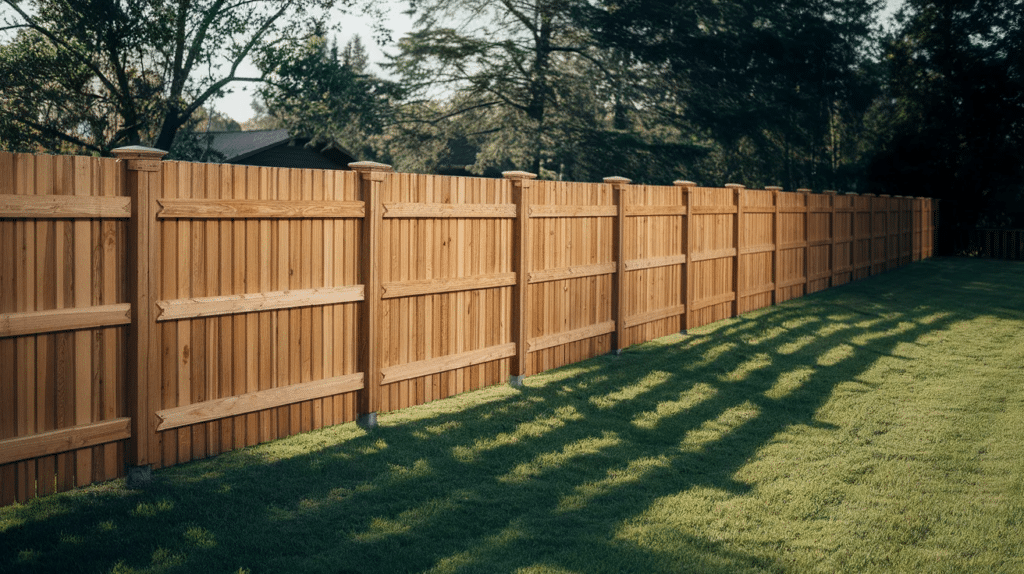 Solid wood privacy fence with vertical boards and no gaps