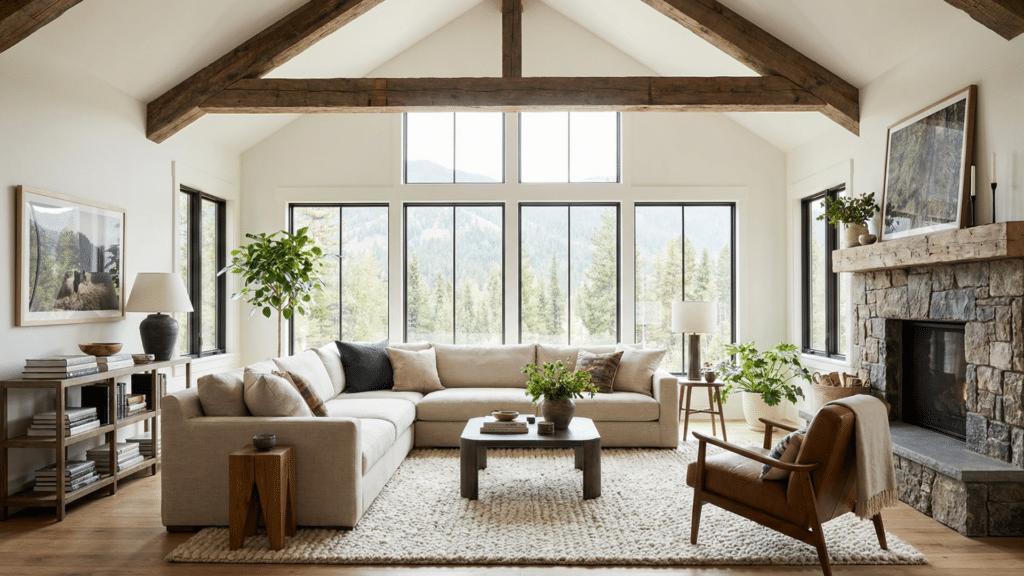 Spacious living room with vaulted ceiling, wooden beams, and large windows letting in lots of natural daylight