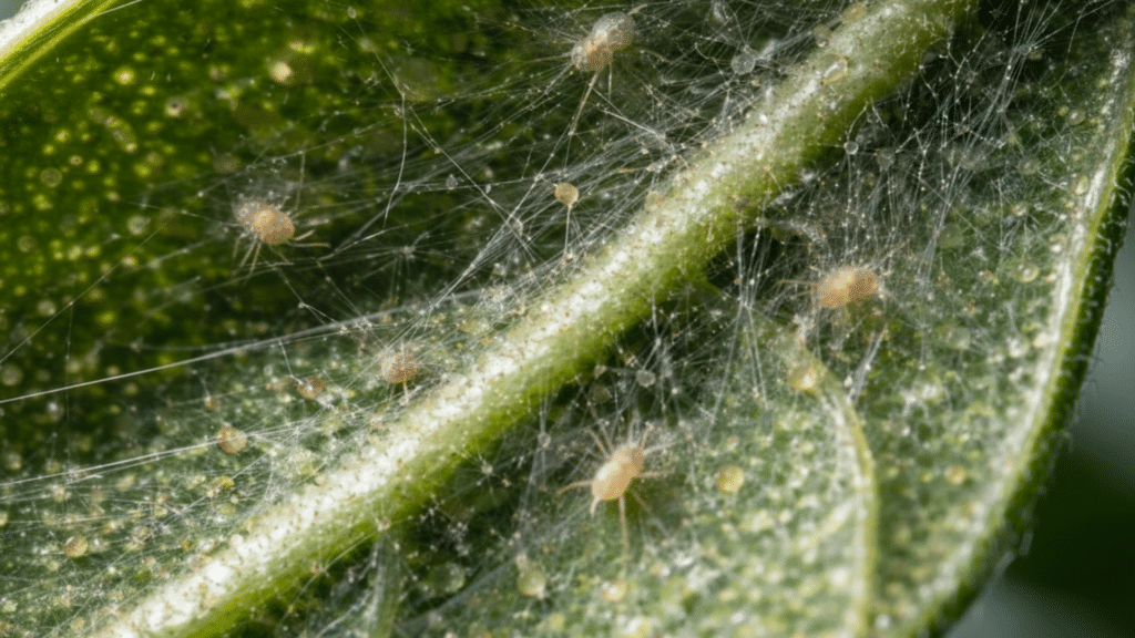 Spider mites and fine webbing on the underside of a leaf with yellow spots.
