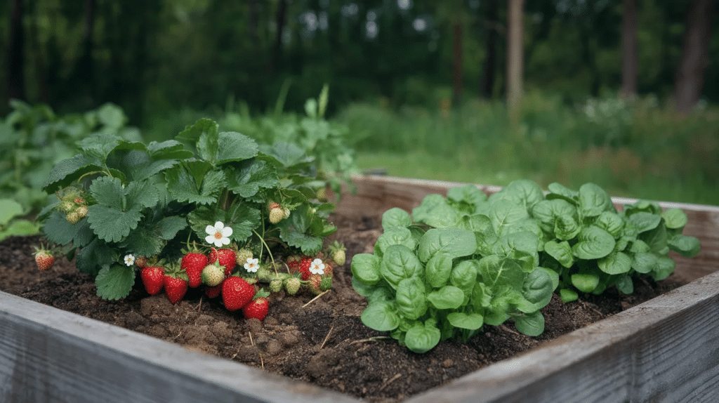 Spinach plants growing next to strawberries in healthy soil.