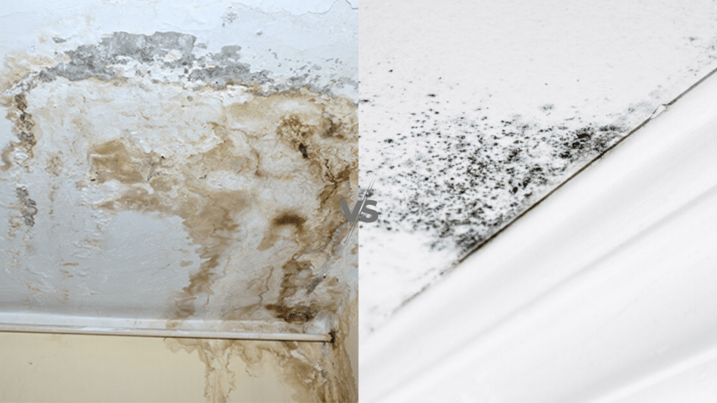 Split image comparing severe mold damage on a ceiling versus mildew growth on a white surface