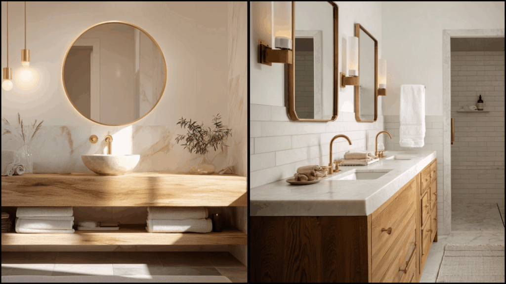 Split image of Shoji White and Alabaster bathrooms with wood vanity and warm brass accents