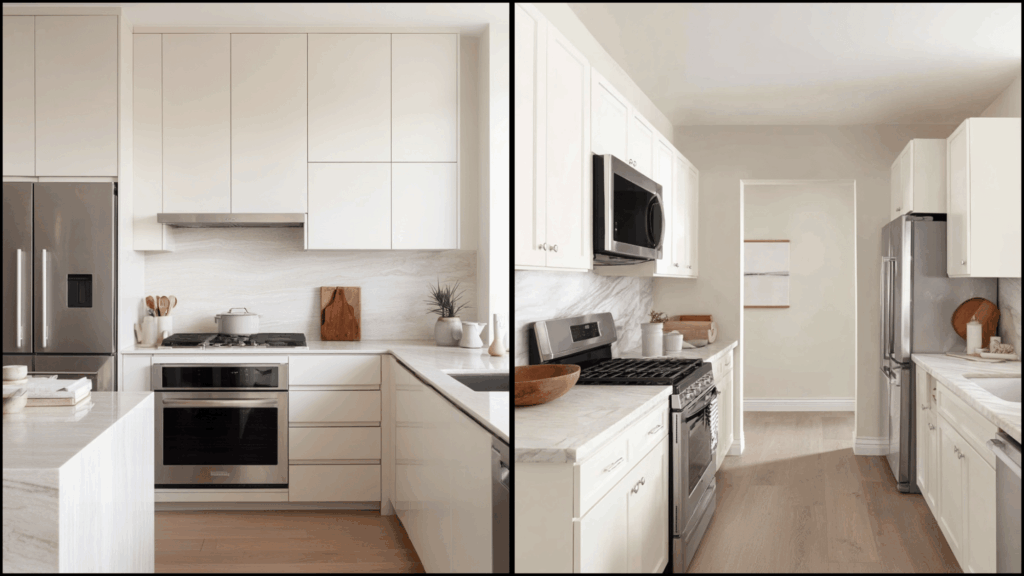 Split image of Shoji White and Alabaster kitchen walls with white cabinets and stainless steel appliances.