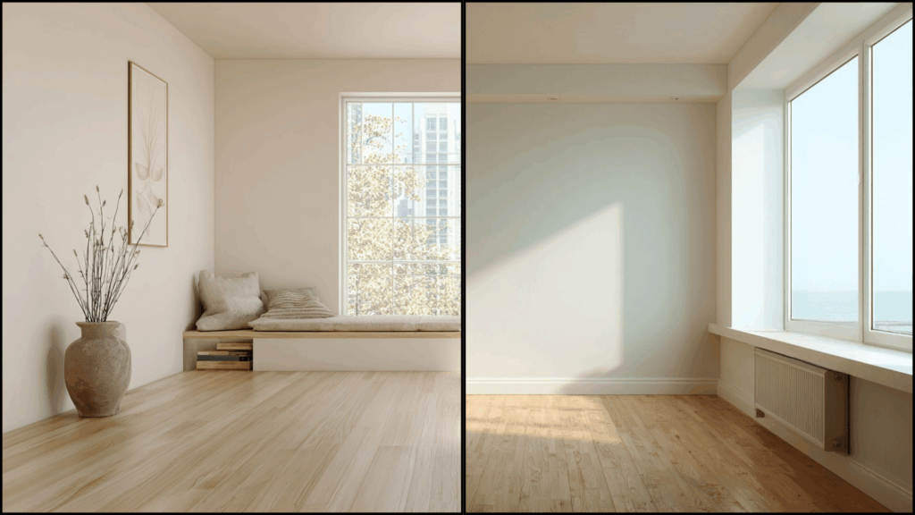 Split image of Shoji White and Alabaster living room walls with soft light and neutral modern decor.