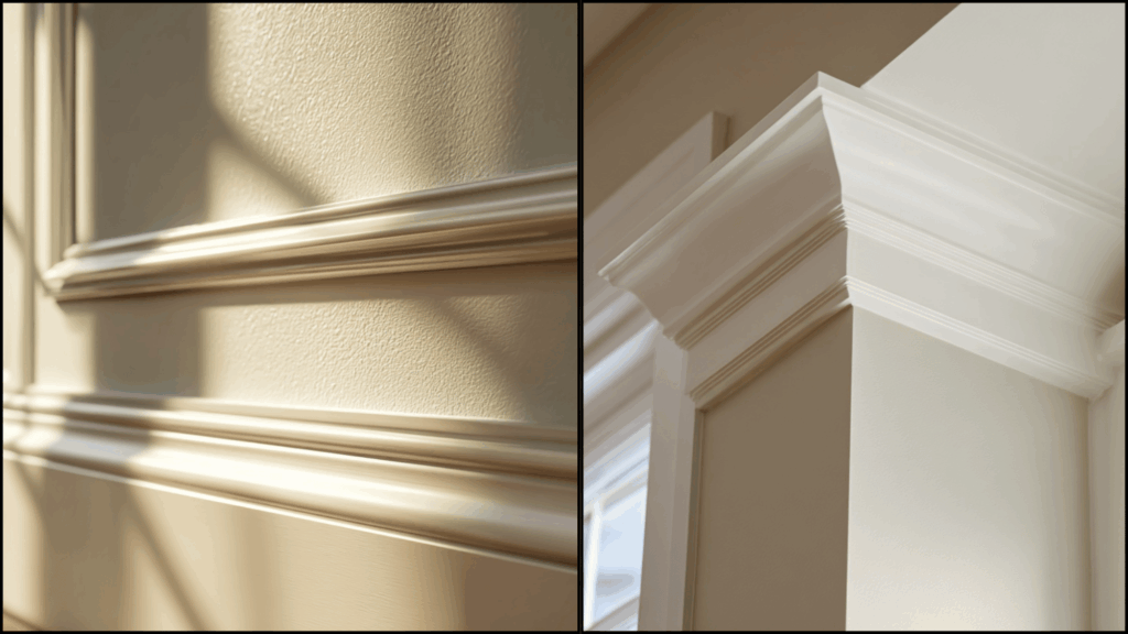 Split image of Shoji White and Alabaster trims and surfaces of walls with soft light.