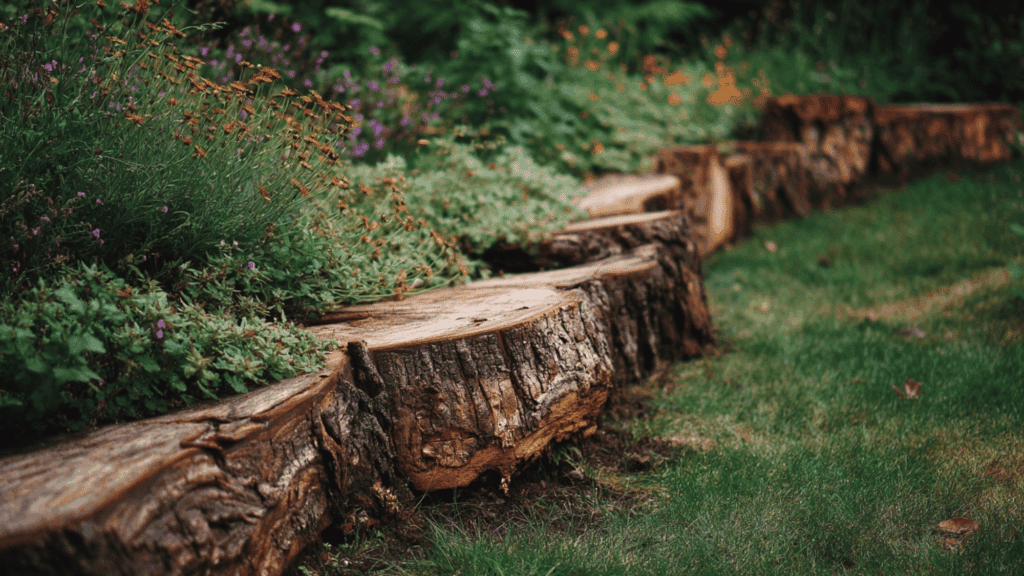 Split log sections used as natural garden edging